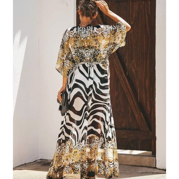 Animal Zebra Print Long Maxi Kimono Cardigan‎ Bikini Swimsuit Cover Up Beachy - Picture 3 of 4